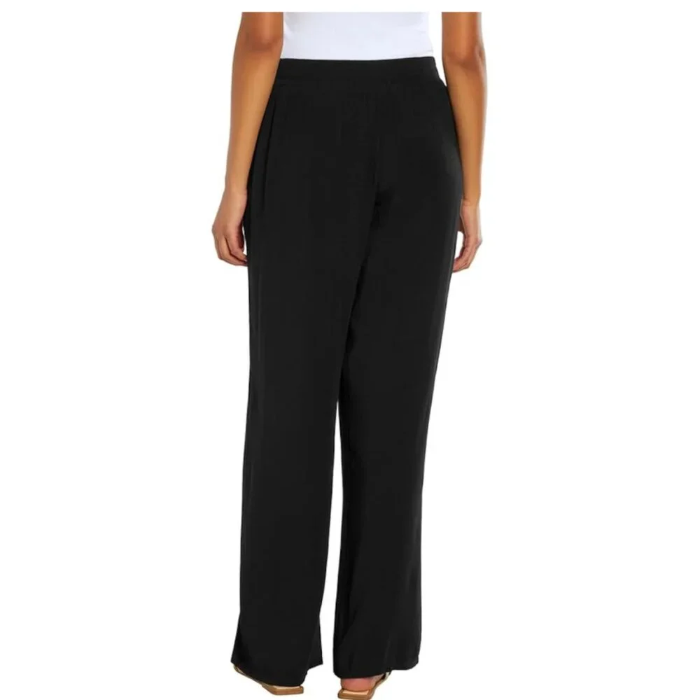 Three Dots Black Smocked Waist Wide Leg Gauze Beach Pant with Pockets Sz Medium - Picture 2 of 9